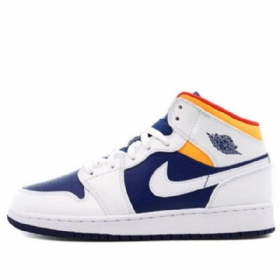 Nike Air Jordan 1 Mid Tops Gs Basketball Sko Til Mænd Hvid Dyb Kongeblå Blå