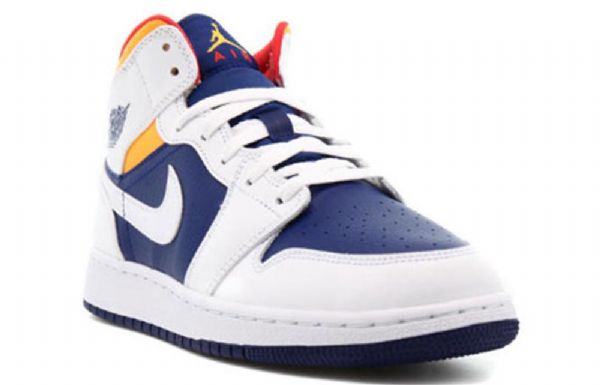 Nike Air Jordan 1 Mid Tops Gs Basketball Sko Til Mænd Hvid Dyb Kongeblå Blå