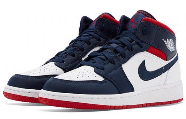 Nike Air Jordan 1 Mid Tops Gs Basketball Sko Til Mænd Mørkeblå Hvid Rød