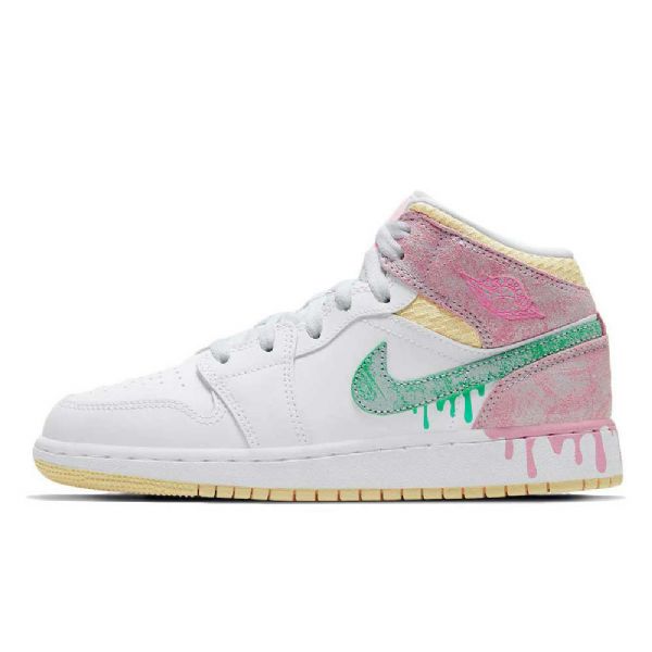Nike Air Jordan 1 Mid Tops Gs Paint Drip Sko Til Mænd Hvid Lyserød