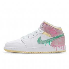 Nike Air Jordan 1 Mid Tops Gs Paint Drip Sko Til Mænd Hvid Lyserød