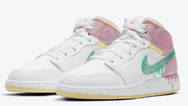 Nike Air Jordan 1 Mid Tops Gs Paint Drip Sko Til Mænd Hvid Lyserød