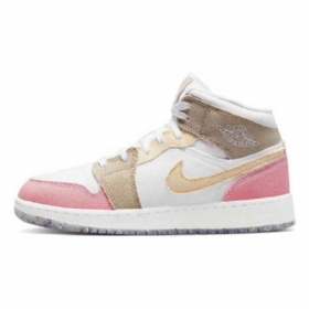 Nike Air Jordan 1 Mid Tops Gs Tan Sko Til Damer Lyserød Brun Hvid