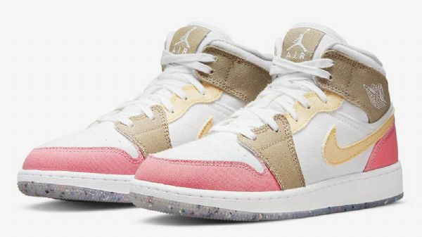 Nike Air Jordan 1 Mid Tops Gs Tan Sko Til Damer Lyserød Brun Hvid