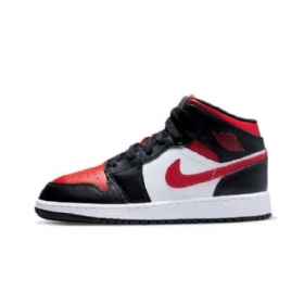 Nike Air Jordan 1 Mid Tops Gs Wide Toe Sko Til Damer Sort Rød Hvid