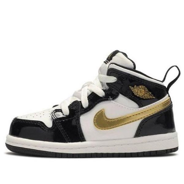 Nike Air Jordan 1 Mid Tops Patent Td Sko Til Børn Sort Guld