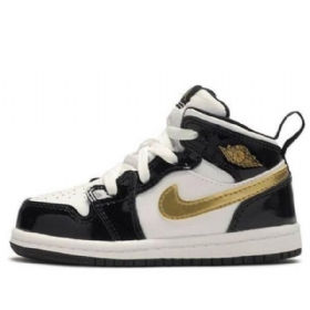 Nike Air Jordan 1 Mid Tops Patent Td Sko Til Børn Sort Guld
