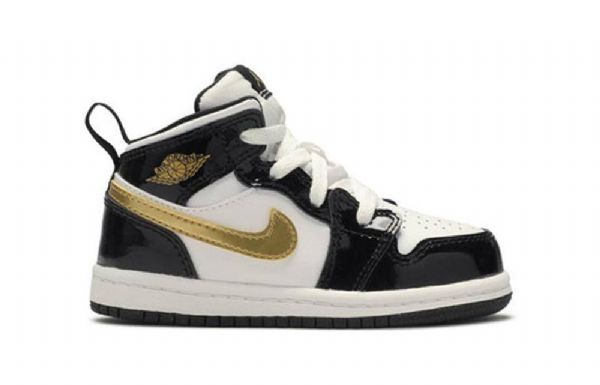 Nike Air Jordan 1 Mid Tops Patent Td Sko Til Børn Sort Guld