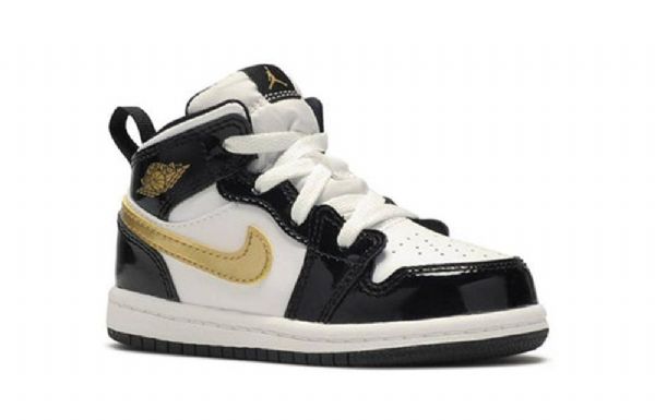 Nike Air Jordan 1 Mid Tops Patent Td Sko Til Børn Sort Guld