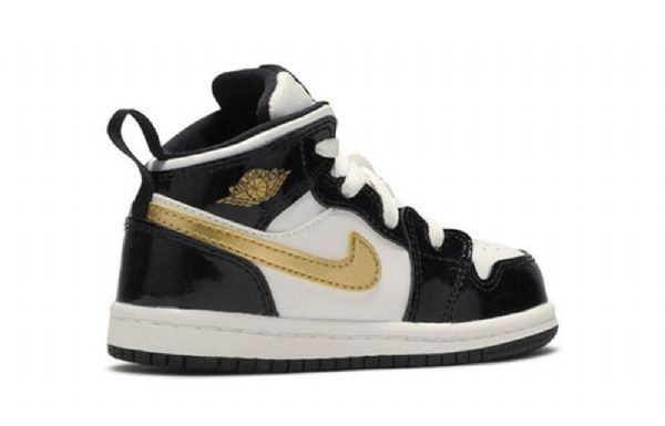 Nike Air Jordan 1 Mid Tops Patent Td Sko Til Børn Sort Guld