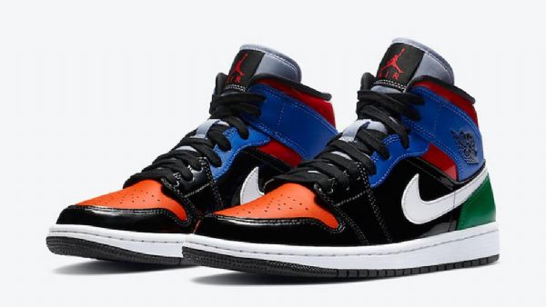 Nike Air Jordan 1 Mid Tops Patentsko Til Mænd Flerfarvet