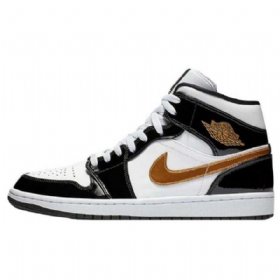 Nike Air Jordan 1 Mid Tops Patentsko Til Mænd Sort Hvidguld