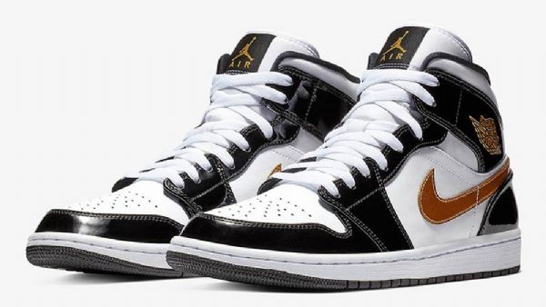Nike Air Jordan 1 Mid Tops Patentsko Til Mænd Sort Hvidguld
