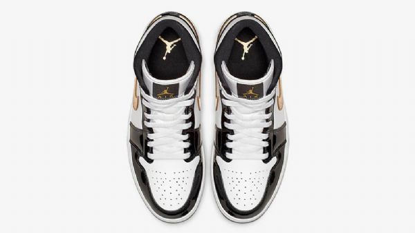 Nike Air Jordan 1 Mid Tops Patentsko Til Mænd Sort Hvidguld