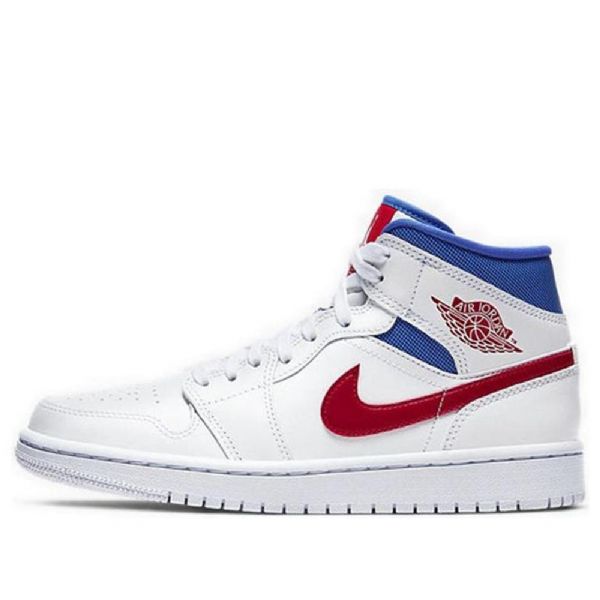 Nike Air Jordan 1 Mid Tops Retro Basketball Sko Til Damer Hvid Blå Rød