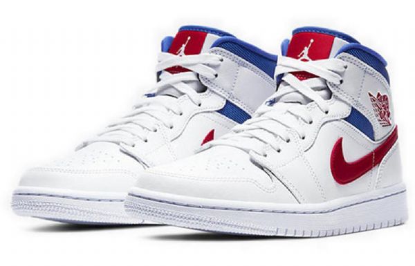 Nike Air Jordan 1 Mid Tops Retro Basketball Sko Til Damer Hvid Blå Rød