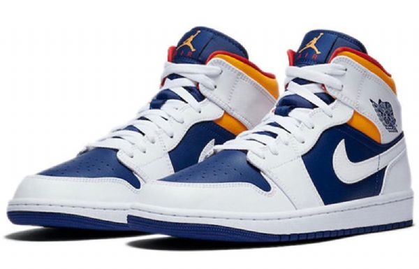 Nike Air Jordan 1 Mid Tops Retro Basketball Sko Til Mænd Hvid Dyb Kongeblå Blå