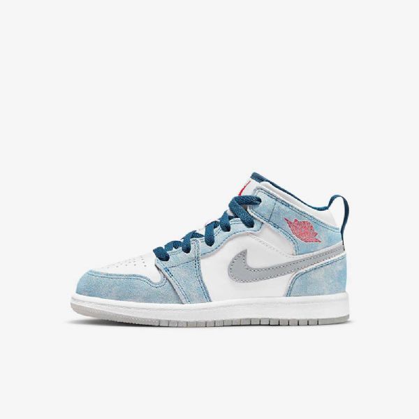 Nike Air Jordan 1 Mid Tops Se Sko Til Børn Blå Hvid Lysegrå Rød