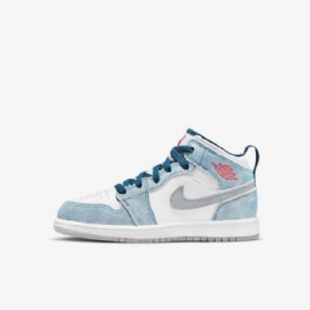 Nike Air Jordan 1 Mid Tops Se Sko Til Børn Blå Hvid Lysegrå Rød