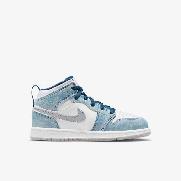Nike Air Jordan 1 Mid Tops Se Sko Til Børn Blå Hvid Lysegrå Rød
