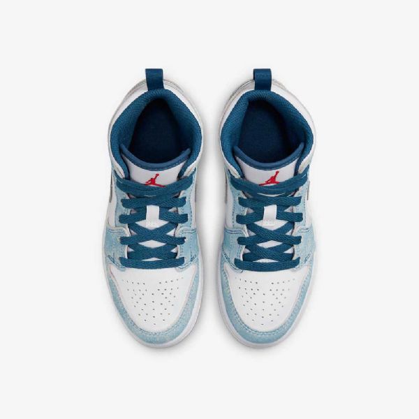 Nike Air Jordan 1 Mid Tops Se Sko Til Børn Blå Hvid Lysegrå Rød