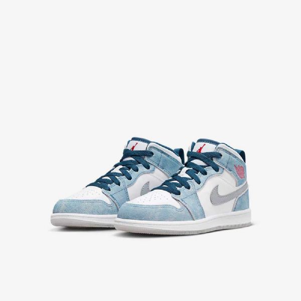 Nike Air Jordan 1 Mid Tops Se Sko Til Børn Blå Hvid Lysegrå Rød