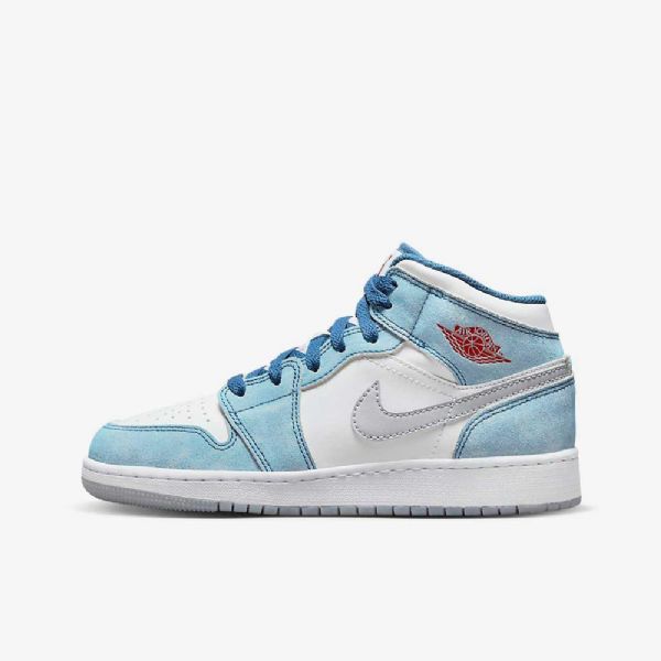 Nike Air Jordan 1 Mid Tops Se Sko Til Børn Blå Hvid Lysegrå Rød