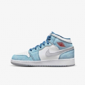 Nike Air Jordan 1 Mid Tops Se Sko Til Børn Blå Hvid Lysegrå Rød