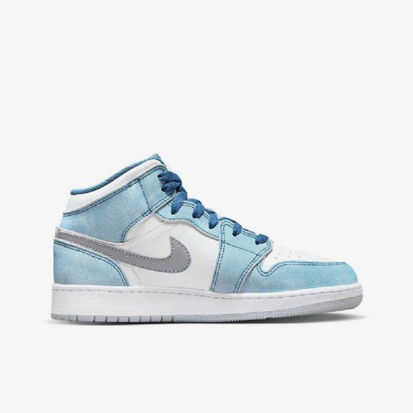Nike Air Jordan 1 Mid Tops Se Sko Til Børn Blå Hvid Lysegrå Rød