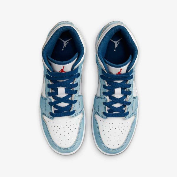 Nike Air Jordan 1 Mid Tops Se Sko Til Børn Blå Hvid Lysegrå Rød
