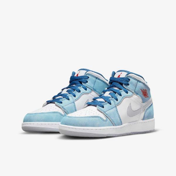 Nike Air Jordan 1 Mid Tops Se Sko Til Børn Blå Hvid Lysegrå Rød