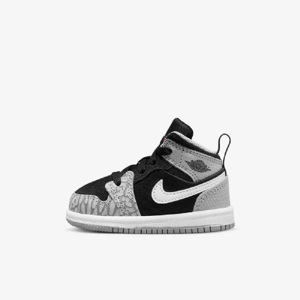 Nike Air Jordan 1 Mid Tops Se Sko Til Børn Sort Hvid Lysegrå Rød