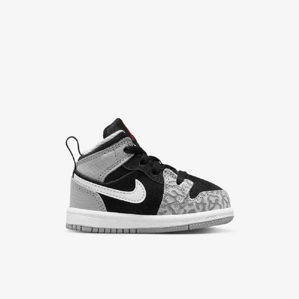 Nike Air Jordan 1 Mid Tops Se Sko Til Børn Sort Hvid Lysegrå Rød