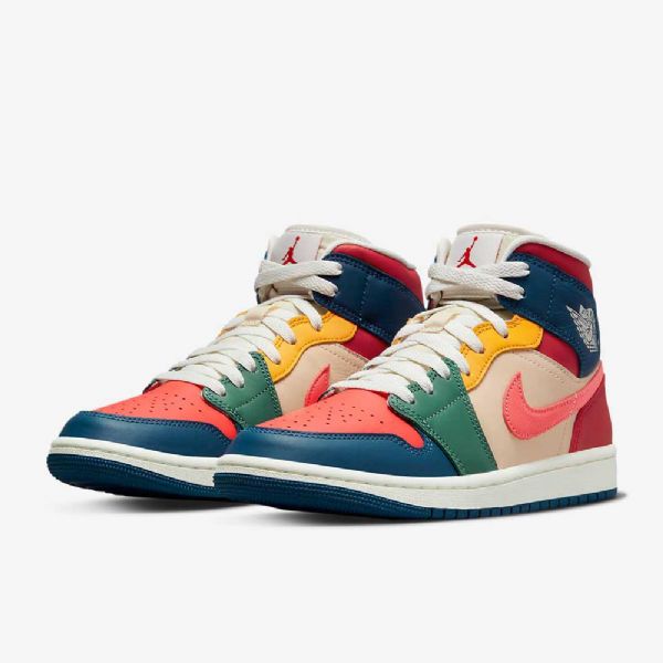 Nike Air Jordan 1 Mid Tops Se Sko Til Damer Blå Rød