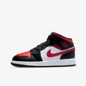 Nike Air Jordan 1 Mid Tops Sko Til Børn Sort Hvid Rød