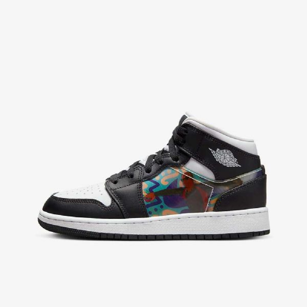 Nike Air Jordan 1 Mid Tops Sko Til Børn Sort Rød Mørk