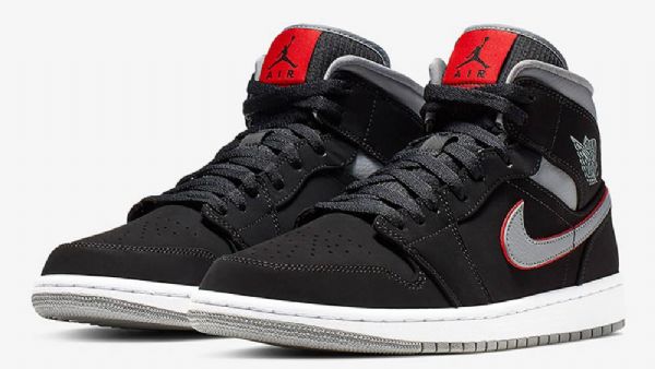 Nike Air Jordan 1 Mid Tops Sko Til Mænd Sort Grå Rød