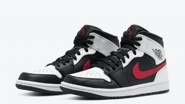 Nike Air Jordan 1 Mid Tops Sko Til Mænd Sort Rød Hvid