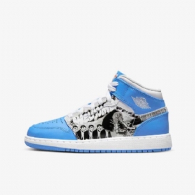 Nike Air Jordan 1 Mid Tops Sneaker Skolesko Til Børn Hvid Blå