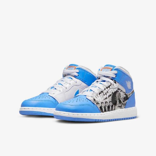 Nike Air Jordan 1 Mid Tops Sneaker Skolesko Til Børn Hvid Blå