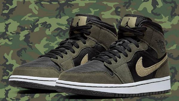 Nike Air Jordan 1 Mid Tops Trooper Sko Til Damer Camouflage Grøn